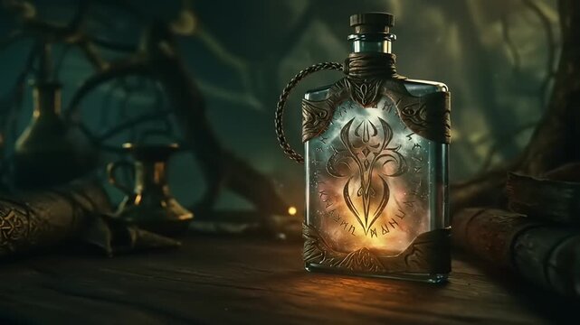 Enchanted glass potion bottle glowing softly amidst ancient scrolls and mystical artifacts