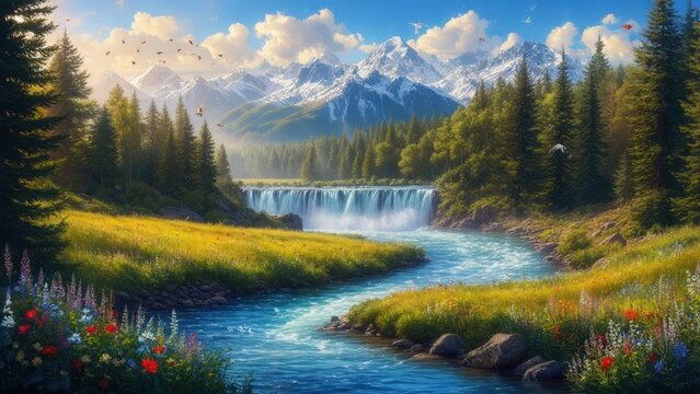 Serene mountain landscape with a flowing river, waterfall, wildflowers, and snow-capped peaks under a bright blue sky - Powered by Adobe