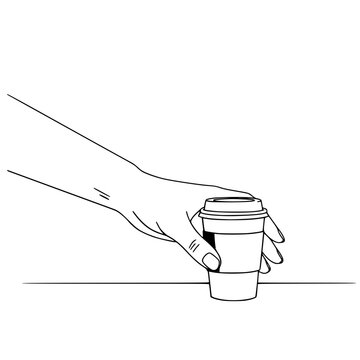 Hand reaching for coffee cup in minimalist line drawing style  