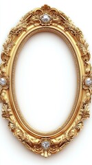 Ornate golden oval frame with jewel accents, intricate carvings against a white background