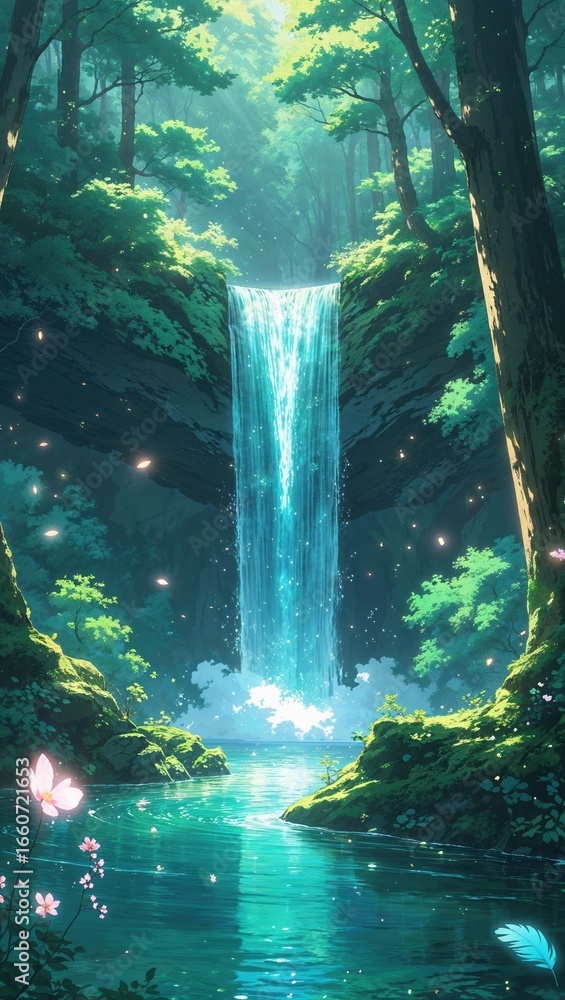 Poster serene waterfall cascading into a tranquil forest pool surrounded by lush greenery and glowing light