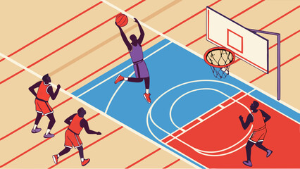 Basketball Players in Action on Court.