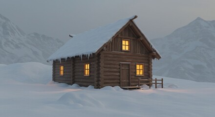 Snowy log cabin in mountain landscape
