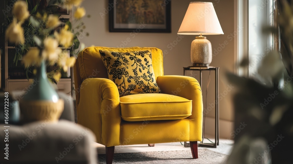 Poster medium shot highlighting a plush accent chair and floor lamp sharply set against a blurred backgroun