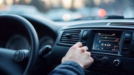 Fototapeta premium Close up of a driver s hand in a black car adjusting the radio station while driving