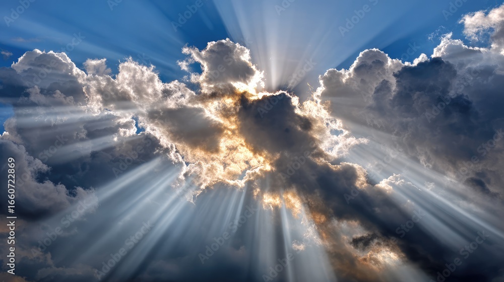 Poster a captivating display of sunlight breaking through dynamic clouds, illuminating the sky and creating