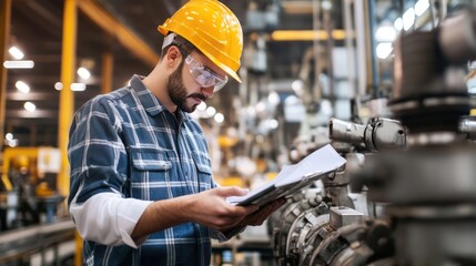 A focused technician in safety gear reads a manual in a modern industrial setting, ensuring accuracy in operations while surrounded by machinery and equipment.