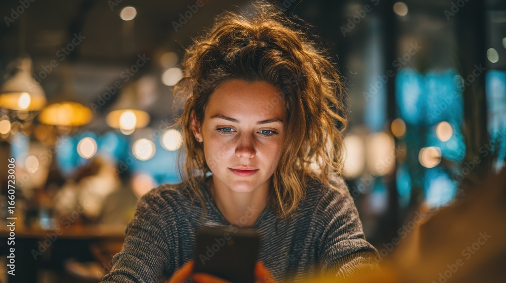Poster focused image of a young womans concentrated face using a language app on a sleek phone blurred café