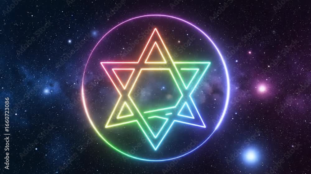 Poster vibrant neon star of david against a backdrop of twinkling stars, creating a modern and symbolic vis