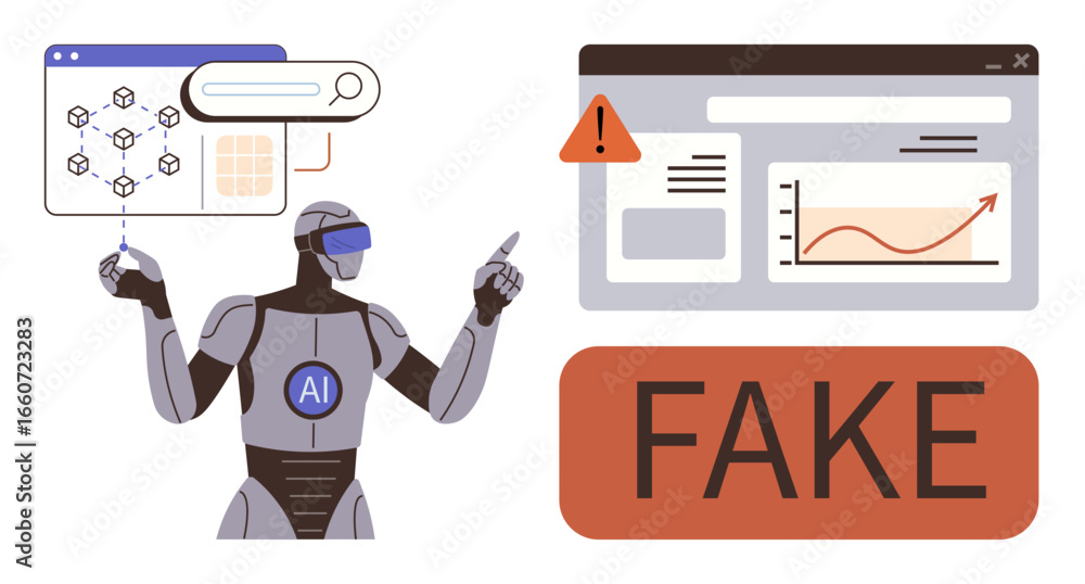 Poster robot analyzing data, search results, and graphs, identifying fake content with a warning. ideal for