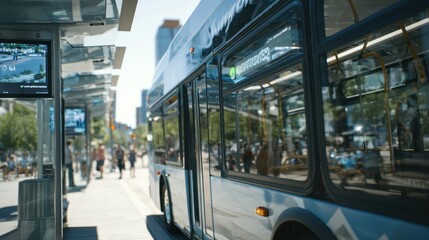 Medium shot of an autonomous bus stopping at a smart bus stop bus doors and passengers in sharp focus surrounding city digital signage and commuters softly blurred.
