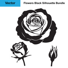 Set of Beautiful Rose Flower and Bud Black Silhouettes