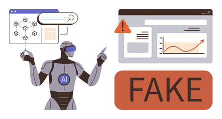 Robot analyzing data, search results, and graphs, identifying fake content with a warning. Ideal for AI, misinformation, cybersecurity, fake news detection, verification digital ethics simple flat