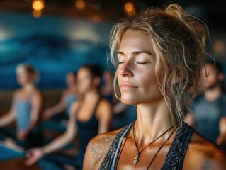 A peaceful woman with freckles and blonde hair meditates with her eyes closed in a yoga class, surrounded by a diverse group in a calming studio