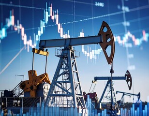 Oil pumps with stock market graph.