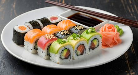 Delicious array of assorted sushi rolls featuring fresh salmon, tuna, and avocado elegantly presented on a white plate alongside soy sauce, ginger, and chopsticks ready to enjoy