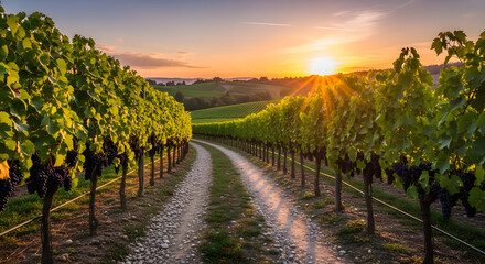 Fototapeta premium Captivating vineyard vista during golden hour illuminating the rolling hills and leafy vines promising a plentiful harvest under a serene sky casting long shadows across the winding dirt path