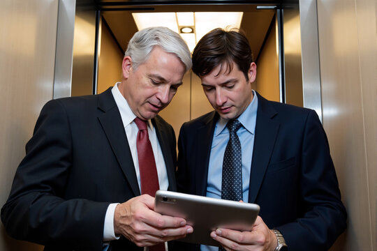 Senior executive mentors a younger colleague in a corporate elevator, as they both review a project on a digital tablet during a busy workday - Powered by Adobe