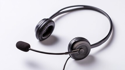 Black Headset With Boom Microphone On White Background Professional Office Communication Device