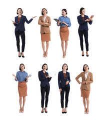 Young hostess on white background, set of full-length portraits