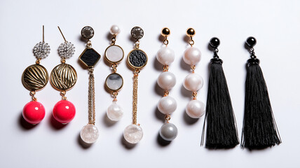 Assorted dangle earrings on white surface