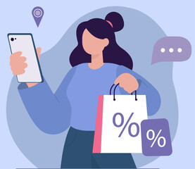 A woman uses her phone for online shopping to find sales and discounts. Location and chat icons represent the features of modern mobile e-commerce