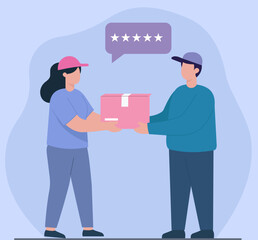 Obraz premium A courier delivers a package to a satisfied customer who gives a five-star rating, symbolizing excellent service and positive feedback in e-commerce