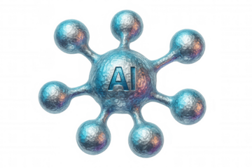 Metallic ai node expanding its network, representing artificial intelligence and its growing reach, with transparent background