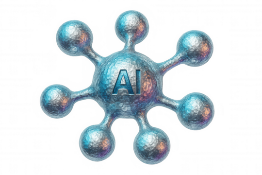 Metallic ai node expanding its network, representing artificial intelligence and its growing reach, with transparent background