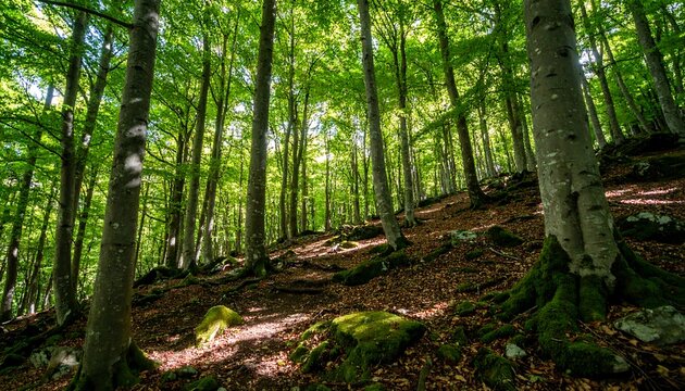 Sunlit Beech Forest Hillside Path.