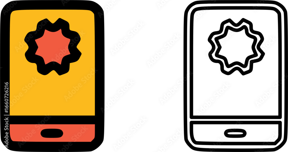 Poster mobile phone app interface with star rating badge icon.