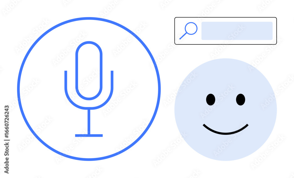 Poster microphone icon for voice input, search bar for text entry, happy face for user interaction. ideal f