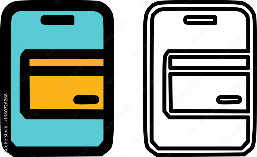 Poster mobile payment icon set with color and outline versions showing a credit card on a smartphone screen