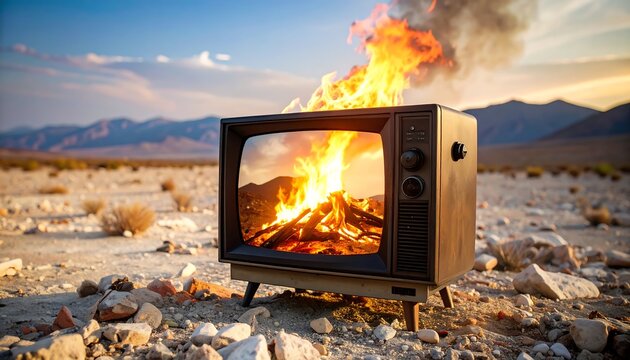 Burning TV in Desert Landscape. - Powered by Adobe