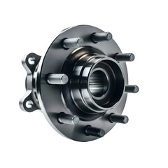 New metallic car wheel hub assembly isolated on a white background, an essential automotive component for vehicle suspension and smooth operation.