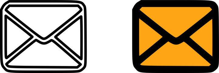 Two stylized icons of envelopes, one outlined in black and white, the other filled with orange and outlined in black.