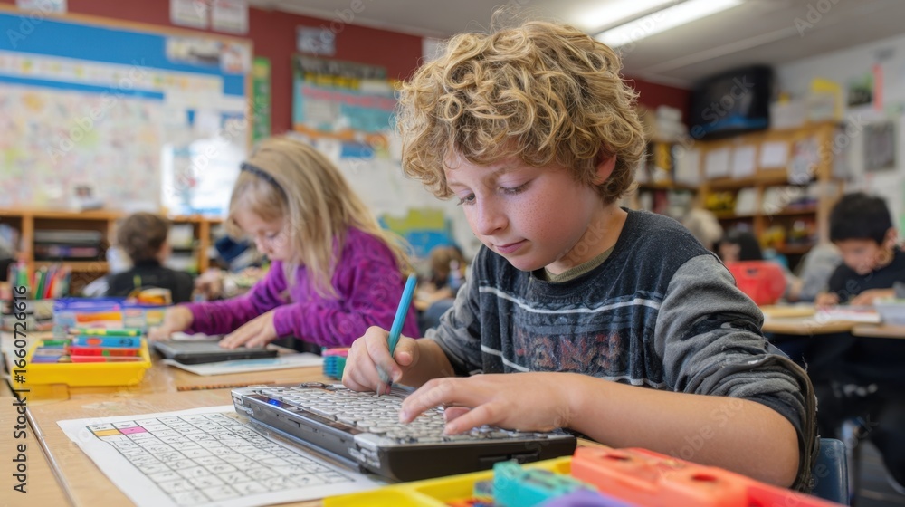 Poster focus on an adaptive keyboard and a student with assistive tech devices in a colorful classroom sett