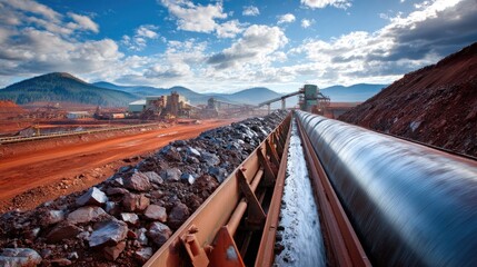 Vast Open Pit Mining Operation Ore Conveyor Belt System Against A Dramatic Mountain Landscape Under A Blue Sky