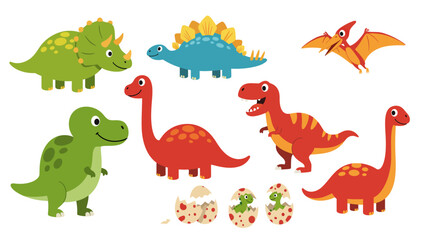 A Diverse Collection of Cartoon Dinosaurs and Their Eggs Displayed in a Playful Arrangement for Educational and Entertainment Purposes