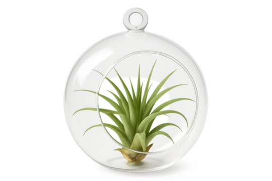 Air plant growing inside a round glass hanging planter on transparent background