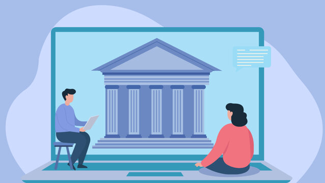 People use a laptop for online banking or government services, representing modern digital access to traditional institutions