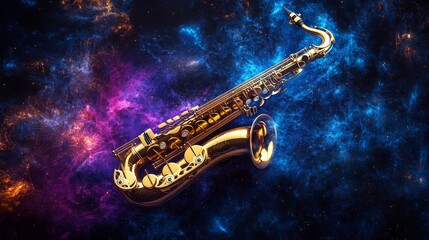 Striking gold saxophone featuring colorful blue and purple splashes on a dramatic black background