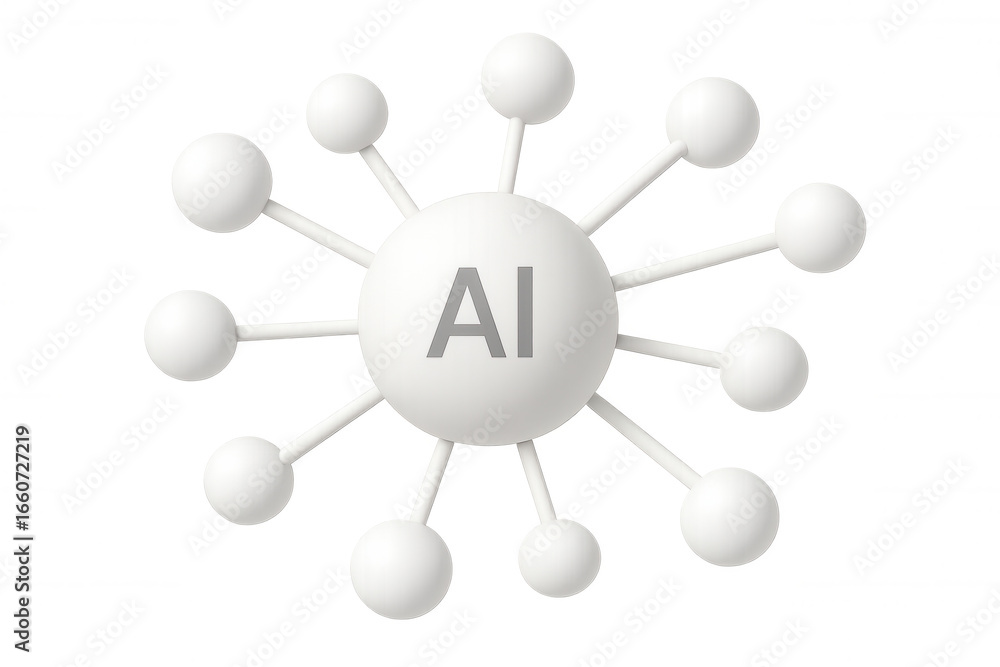 Poster white spheres connected to a central sphere with ai represents a growing artificial intelligence net