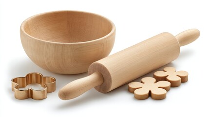 Detailed Close Up Of Wooden Baking Utensils On White Background