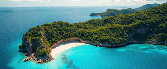 Tropical coastal landscape with turquoise water, white sandy beach and lush green cliffs under bright sunlight, idyllic natural scenery creating peaceful relaxing atmosphere perfect for travel, vacati