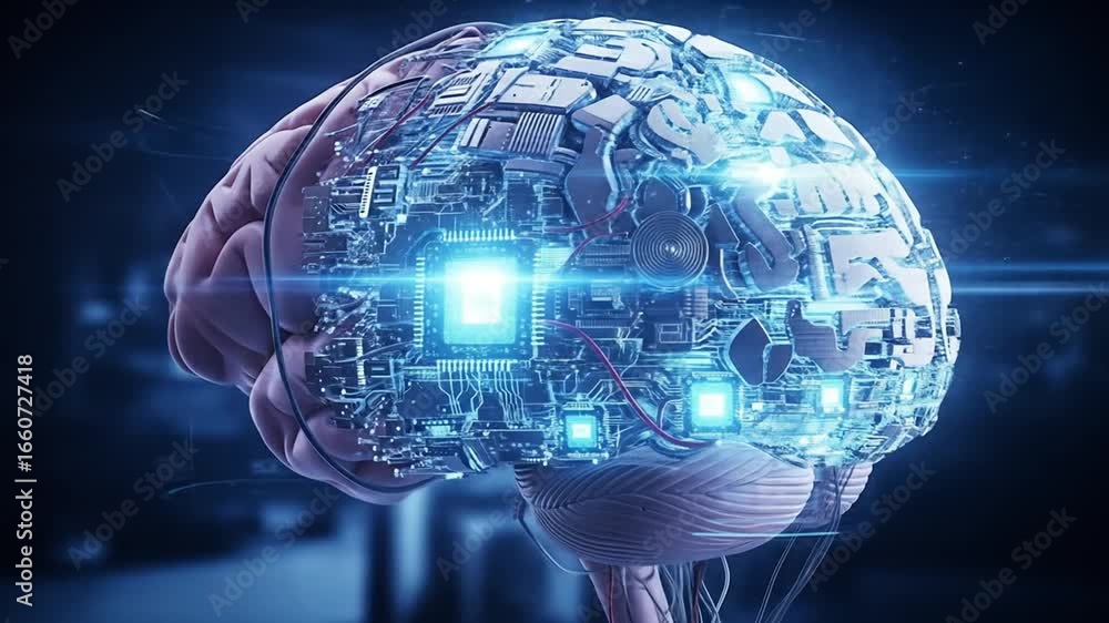 Poster human brain with artificial intelligence digital circuitry, futuristic technology, neuroscience, cog