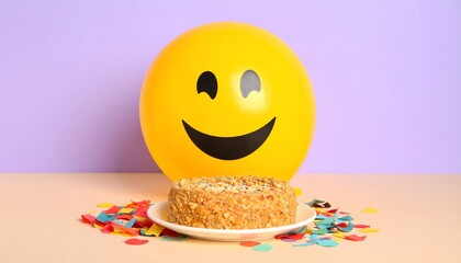 Pastel Celebration - Winking Smiley Balloon on a Crumb Cake Against a Two-Tone Wall.