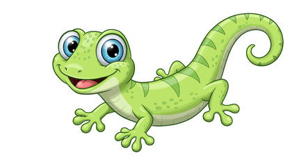 Fototapeta premium A happy green lizard with big blue eyes and a long curly tail is smiling playfully on a white background with its legs spread out wide