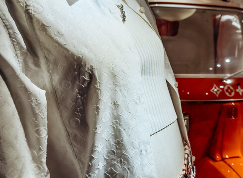 07.20.2025, Venice, Italy &ndash; Close up of Louis Vuitton fabric details and luxury finishing with embossed logo and exclusive design elements