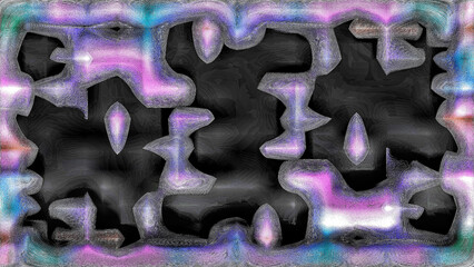 Distorted shapes with vibrant purple, pink, and teal hues create an abstract, textured background on a dark canvas. Digitally generated image.